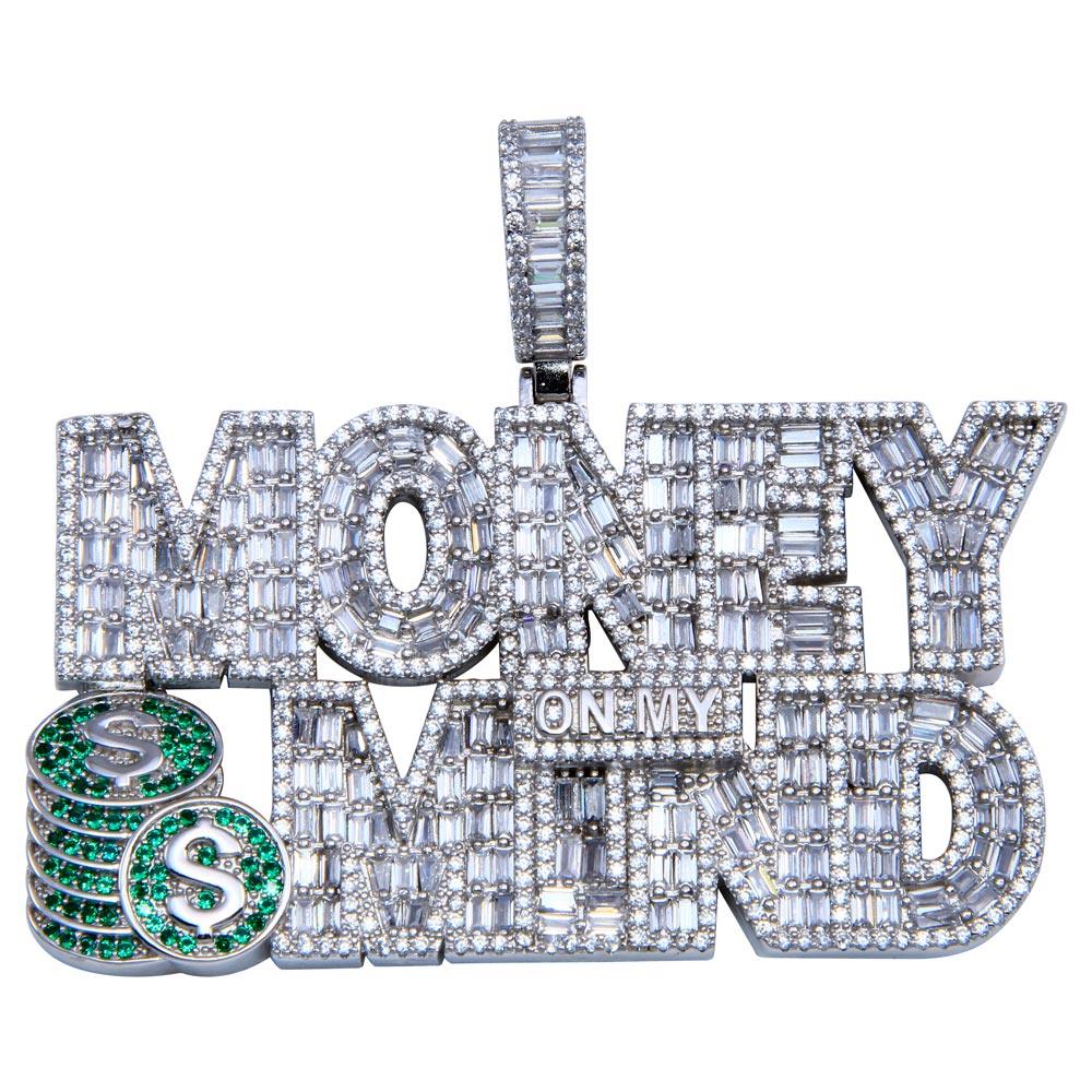Rhodium Plated 925 Sterling Silver CZ MONEY ON MY MIND Hip Hop Cash $ Pendant