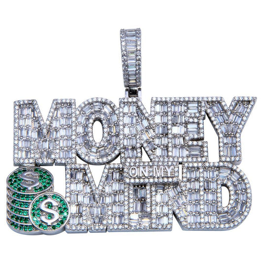 Rhodium Plated 925 Sterling Silver CZ MONEY ON MY MIND Hip Hop Cash $ Pendant