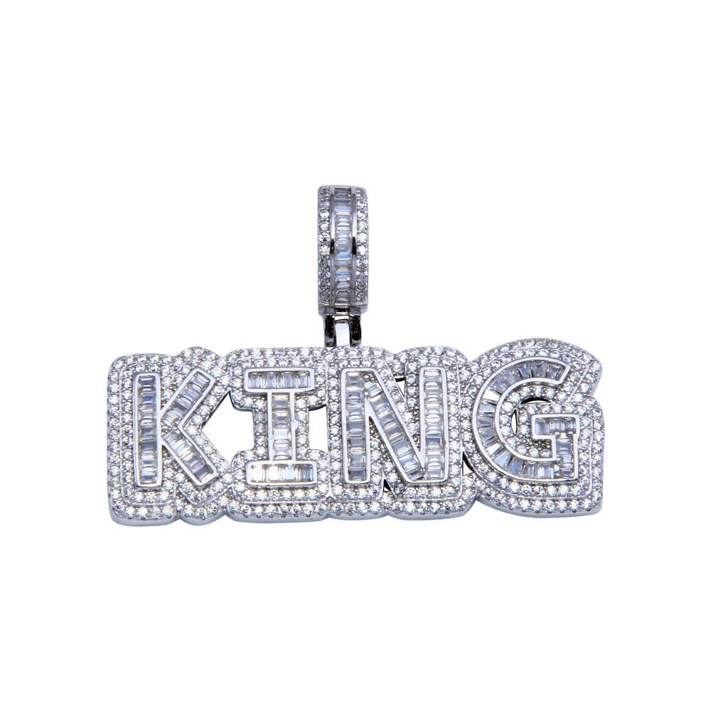 Rhodium Plated 925 Sterling Silver CZ KING Hip Hop Word Script Royal Pendant