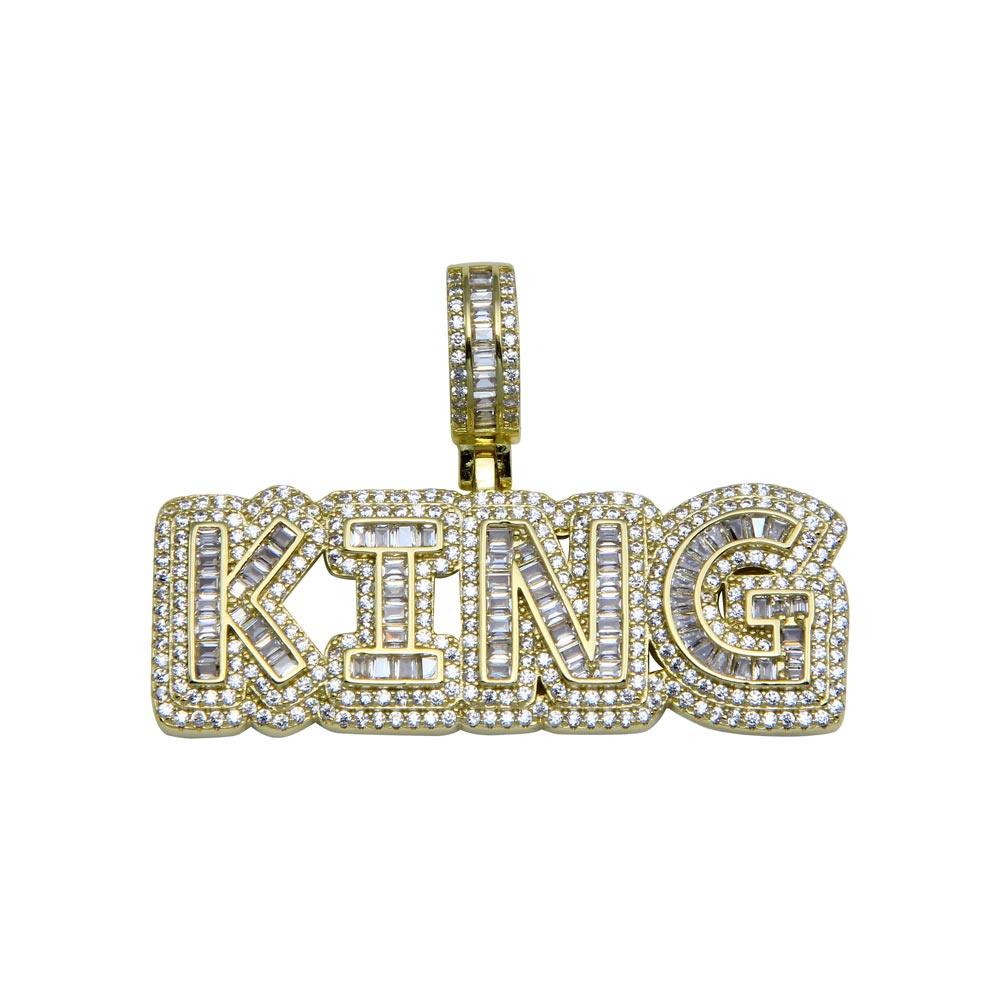 Gold Plated 925 Sterling Silver CZ KING Hip Hop Script Word Royal Pendant