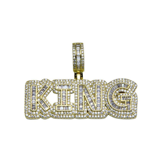 Gold Plated 925 Sterling Silver CZ KING Hip Hop Script Word Royal Pendant