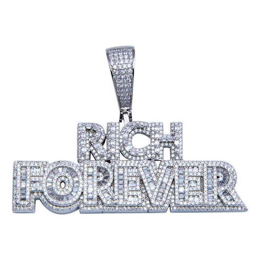 Rhodium Plated 925 Sterling Silver CZ FOREVER RICH Hip Hop Large Wide Pendant