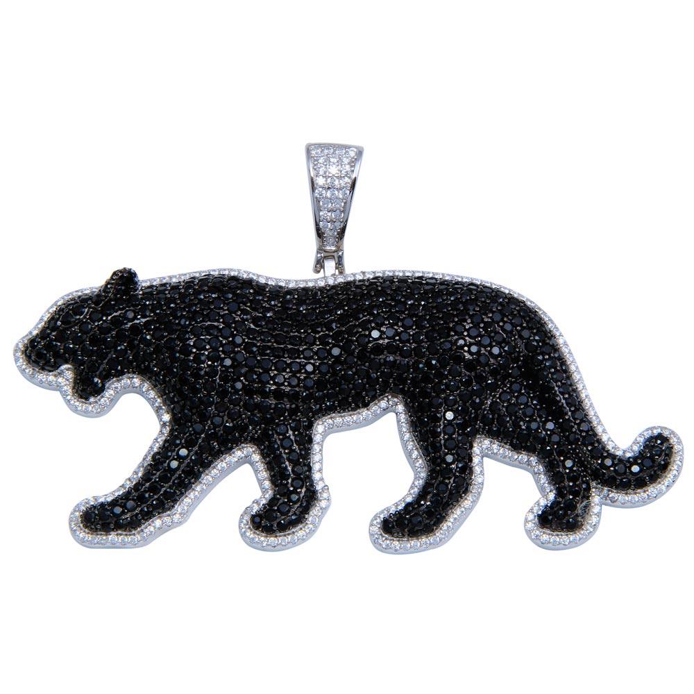 Rhodium Plated 925 Sterling Silver CZ Black Cat Animal Panther Hip Hop Pendant