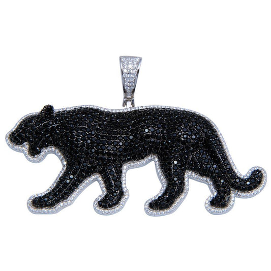 Rhodium Plated 925 Sterling Silver CZ Black Cat Animal Panther Hip Hop Pendant