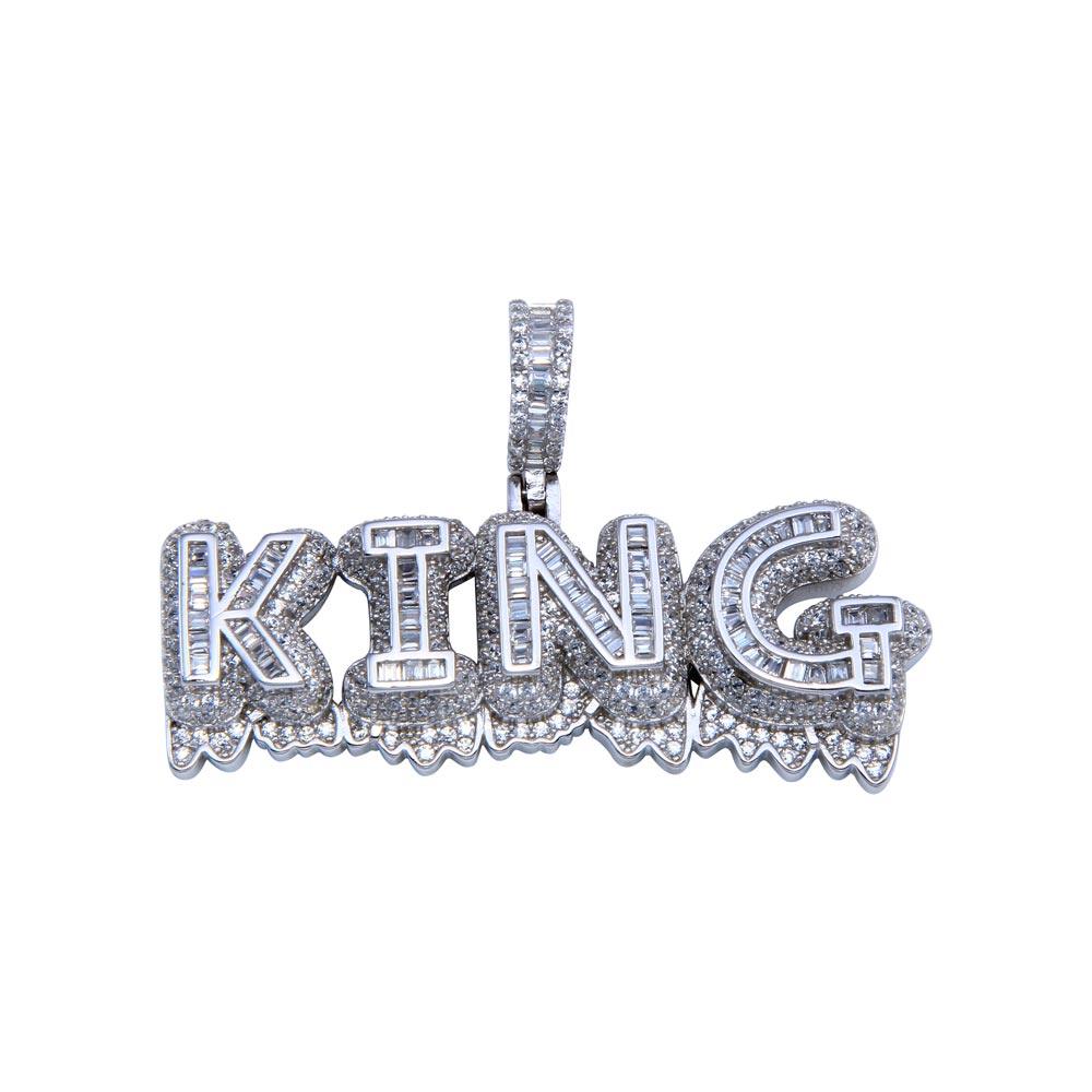 Rhodium Plated 925 Sterling Silver CZ KING Hip Hop Word Script Royal Pendant