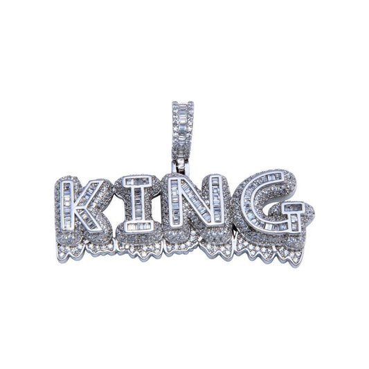Rhodium Plated 925 Sterling Silver CZ KING Hip Hop Word Script Royal Pendant
