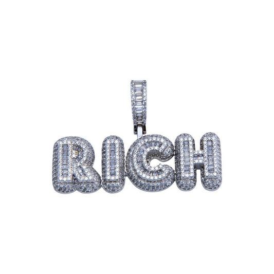 Rhodium Plated 925 Sterling Silver CZ RICH Hip Hop Cash $ Money Word Pendant