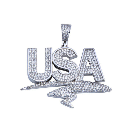 Rhodium Plated 925 Sterling Silver CZ USA Hip Hop Patriotic American Pendant