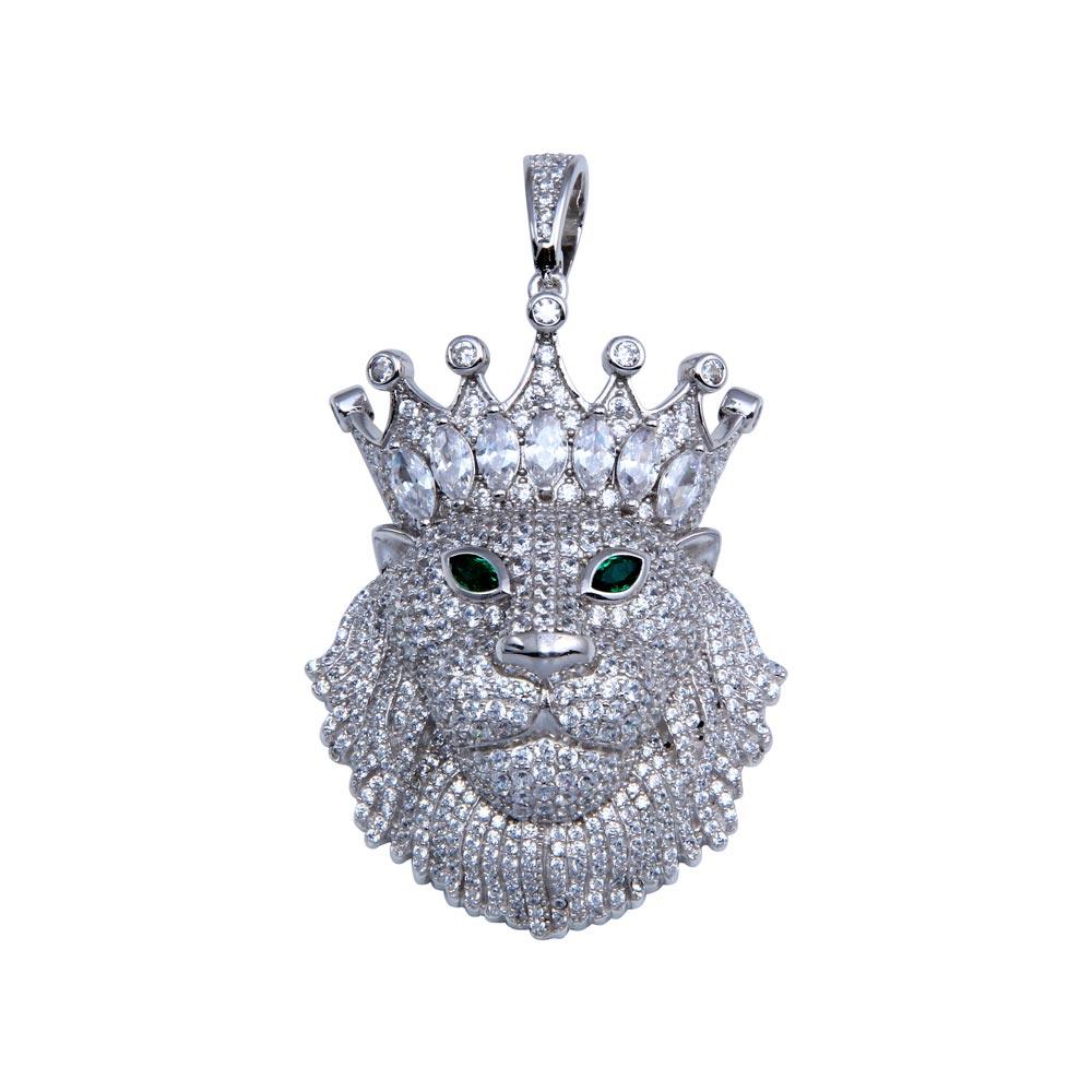 Rhodium Plated 925 Sterling Silver CZ King Lion Hip Hop Crown Animal Pendant