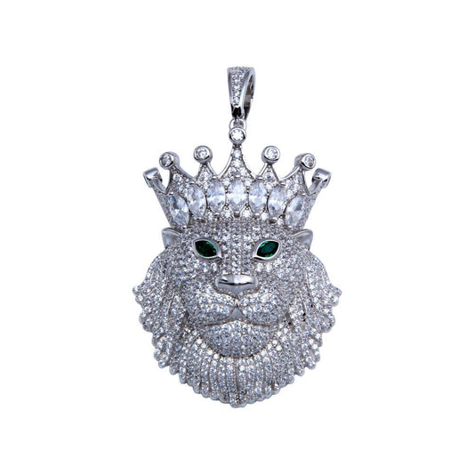 Rhodium Plated 925 Sterling Silver CZ King Lion Hip Hop Crown Animal Pendant