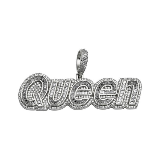 Rhodium Plated 925 Sterling Silver CZ QUEEN Hip Hop Word Script Royal Pendant