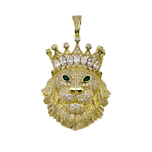 Gold Plated 925 Sterling Silver CZ King Lion Hip Hop Pendant Animal Crown Charm