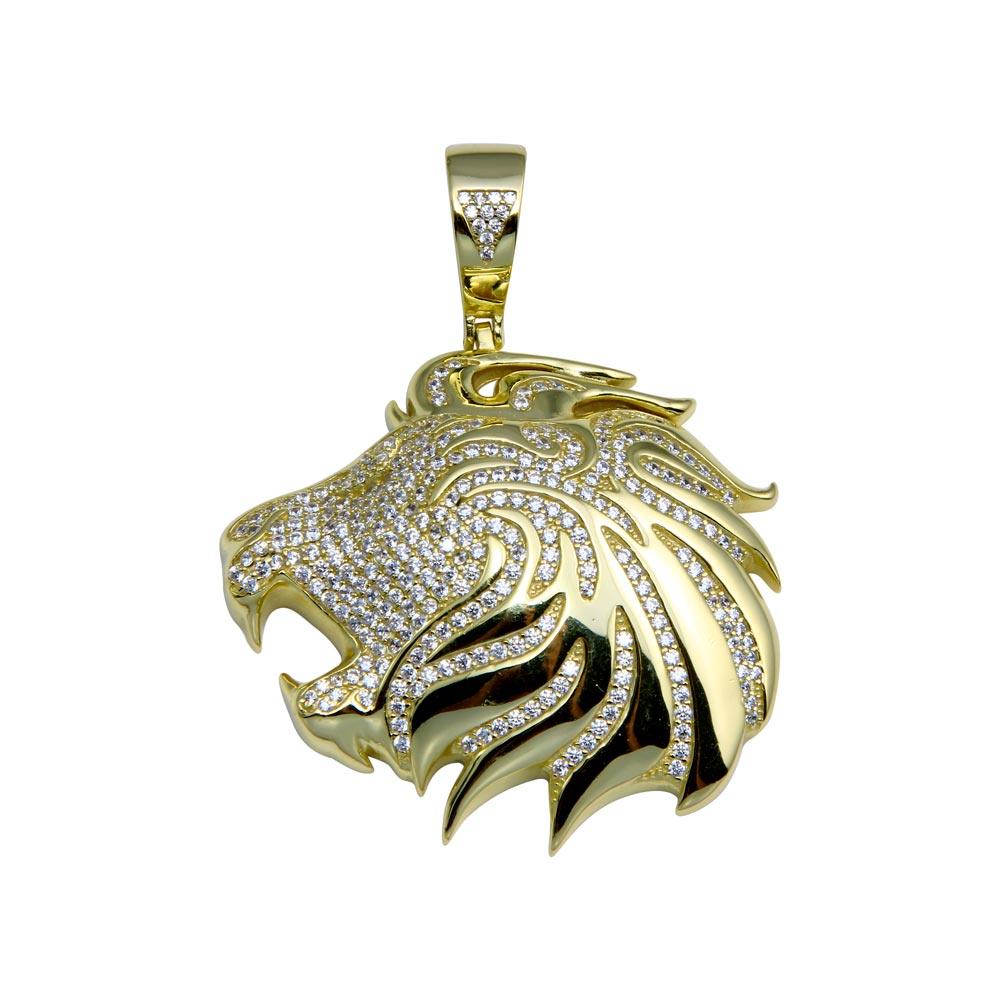 Gold Plated 925 Sterling Silver CZ Lion Head Hip Hop Pendant Animal Charm