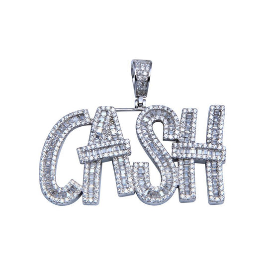 Rhodium Plated 925 Sterling Silver CZ CASH Hip Hop Script Word Money $ Pendant