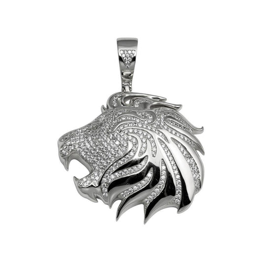 Rhodium Plated 925 Sterling Silver CZ Animal Lion Head Hip Hop Large Pendant