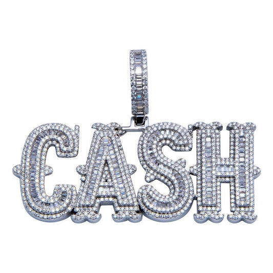 Rhodium Plated 925 Sterling Silver CZ CASH Hip Hop Dollar Money Word $ Pendant