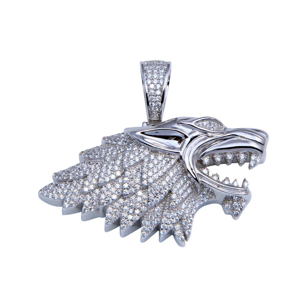 Rhodium Plated 925 Sterling Silver CZ Wolf Hip Hop Animal Head Charm Pendant