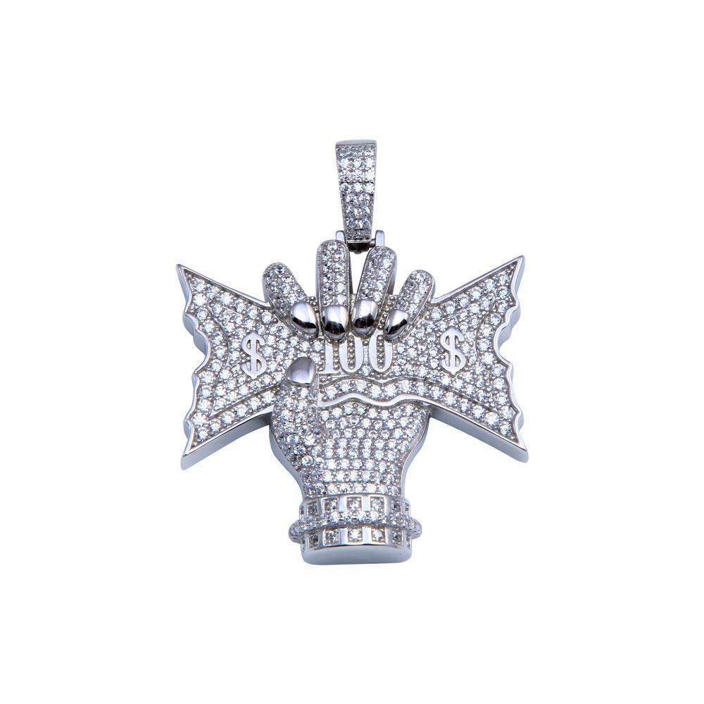 Rhodium Plated 925 Sterling Silver CZ Cash Hand Money $ 100 Bill Hip Hop Pendant