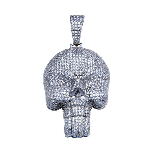 Rhodium Plated 925 Sterling Silver CZ Encrusted Skull Hip Hop Head Charm Pendant
