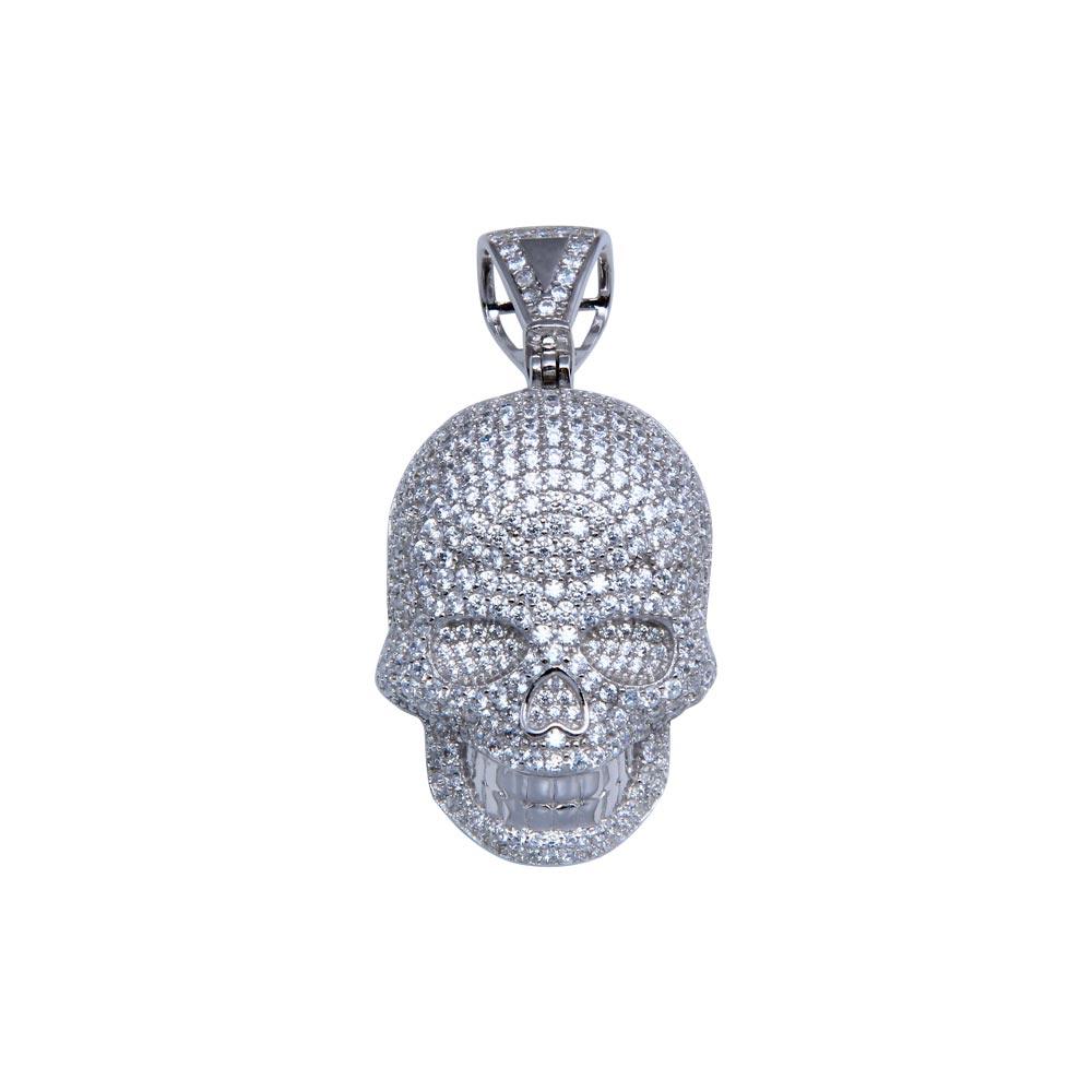 Rhodium Plated 925 Sterling Silver CZ Face Skull Hip Hop Pendant Biker Charm