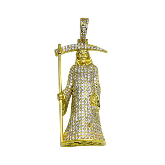 Gold Plated 925 Sterling Silver CZ Santa Muerte Hip Hop Pendant Tall Large Charm