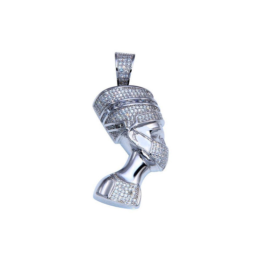 Rhodium Plated 925 Sterling Silver CZ Queen Nafertiti Hip Hop Egyptian Pendant
