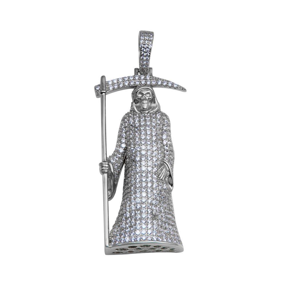 Rhodium Plated 925 Sterling Silver CZ Santa Muerte Hip Hop Pendant Large Charm