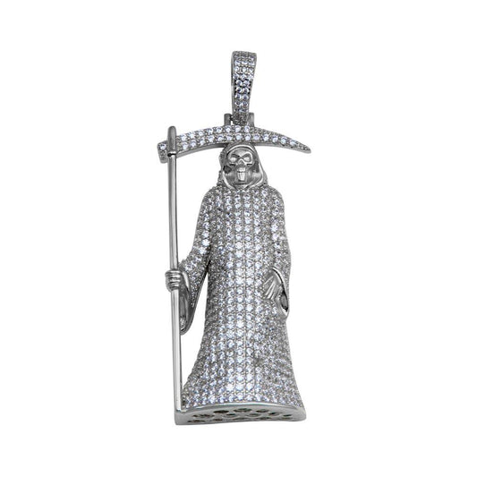 Rhodium Plated 925 Sterling Silver CZ Santa Muerte Hip Hop Pendant Large Charm