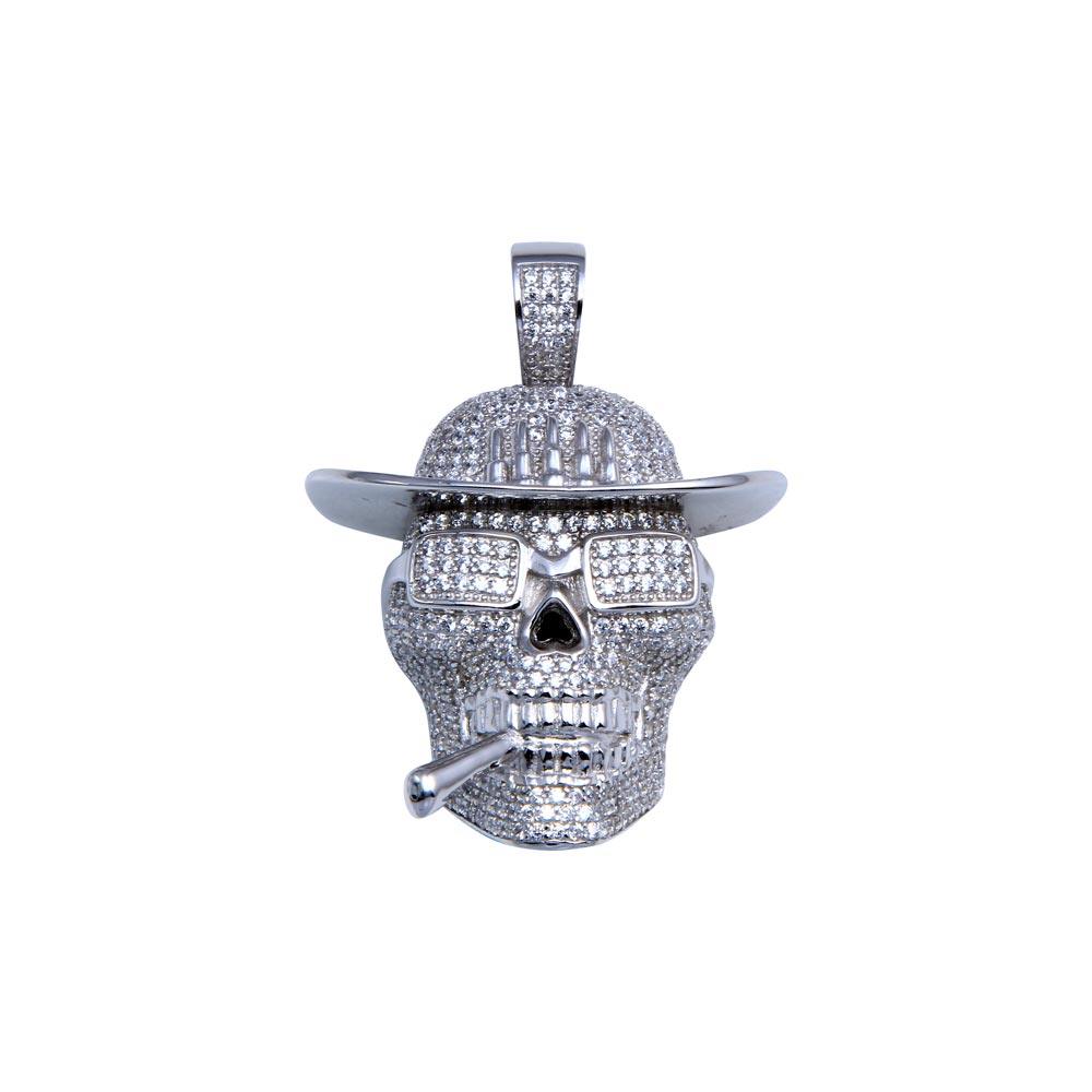 Rhodium Plated 925 Sterling Silver CZ Cowboy Skull Hip Hop Smoking Biker Pendant