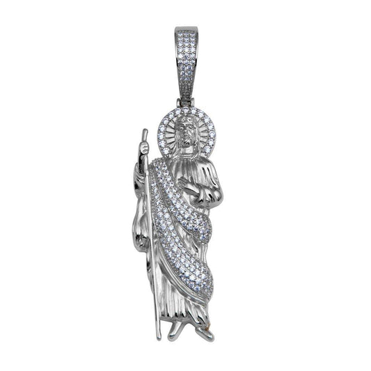 Rhodium Plated 925 Sterling Silver CZ Catholic Saint St Jude Hip Hop Pendant