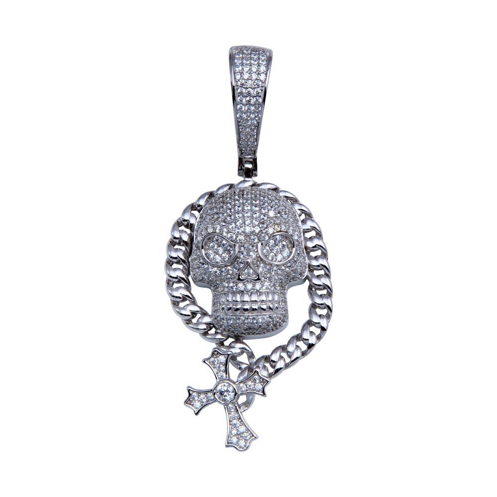 Rhodium Plated 925 Sterling Silver CZ Skull Hip Hop Miami Cuban Chain Pendant