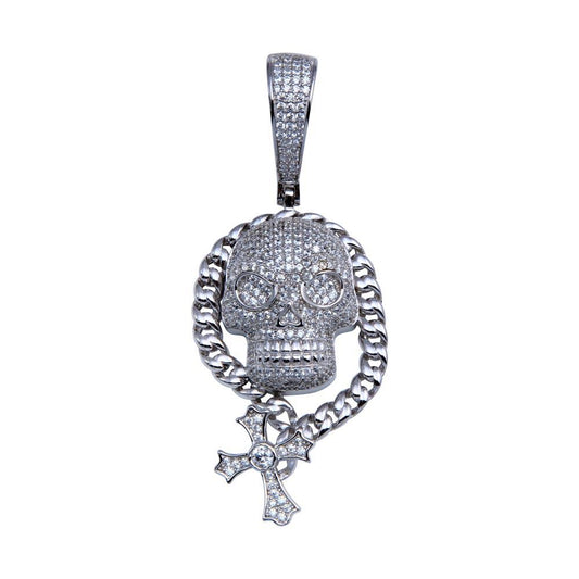 Rhodium Plated 925 Sterling Silver CZ Skull Hip Hop Miami Cuban Chain Pendant