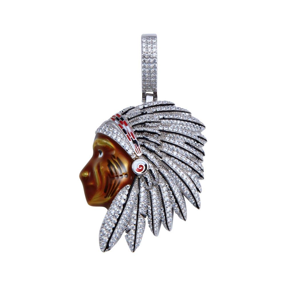 Rhodium Plated 925 Sterling Silver CZ Native Chief Hip Hop Pendant