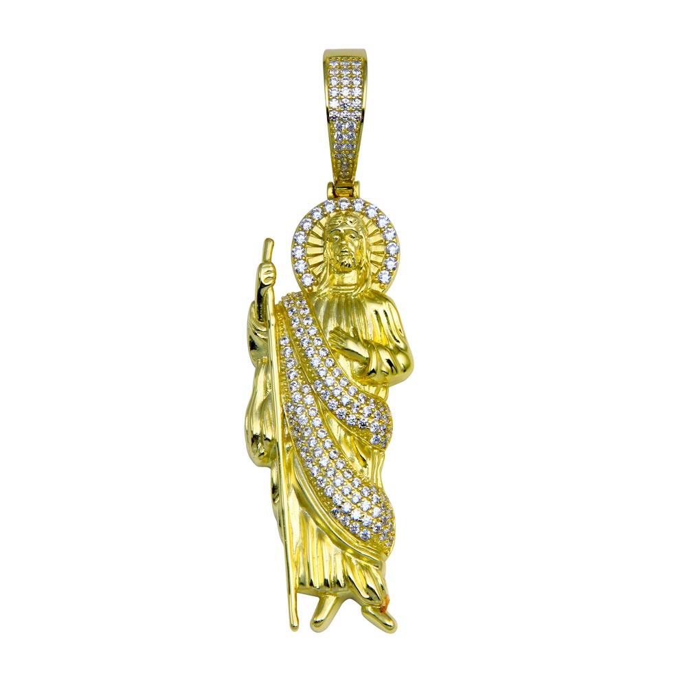 Gold Plated 925 Sterling Silver CZ Catholic Saint St Jude Hip Hop Large Pendant