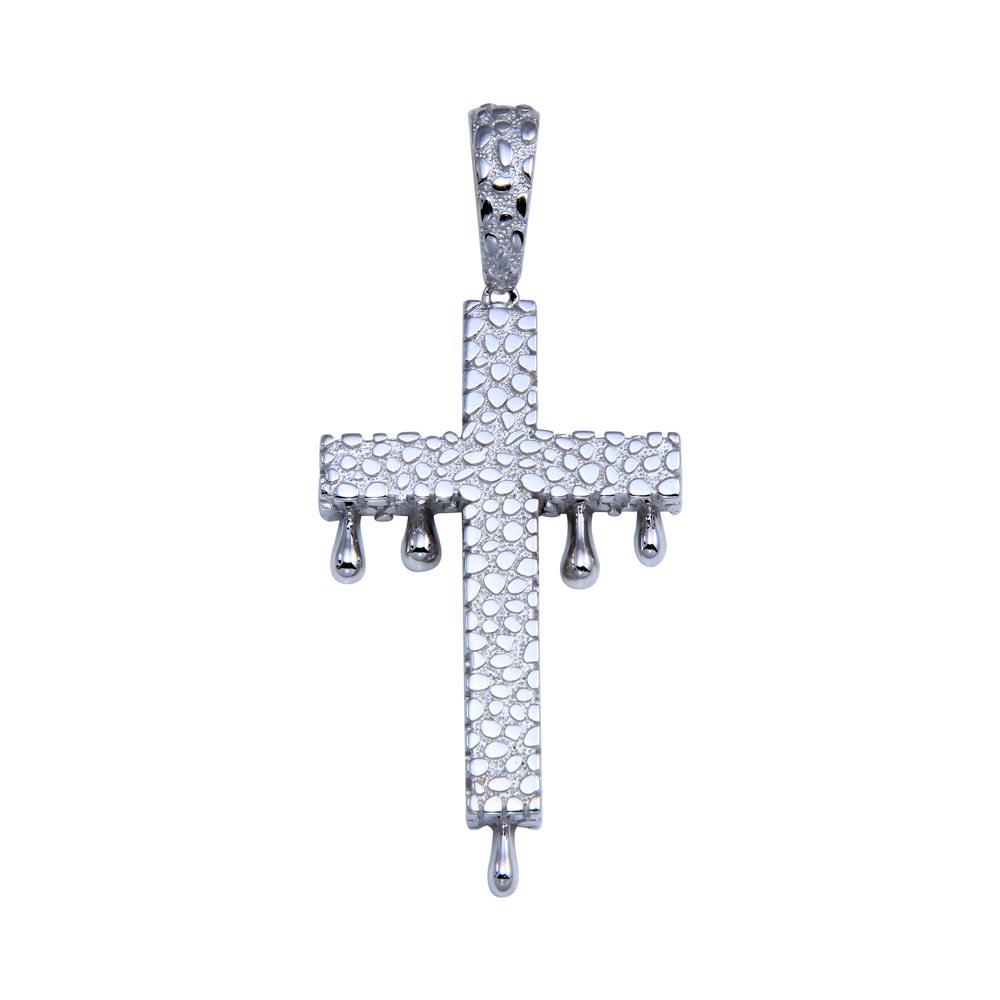 Rhodium Plated 925 Sterling Silver CZ Dripping Cross Hip Hop Christian Pendant