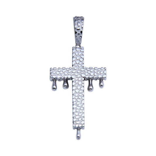 Rhodium Plated 925 Sterling Silver CZ Dripping Cross Hip Hop Christian Pendant
