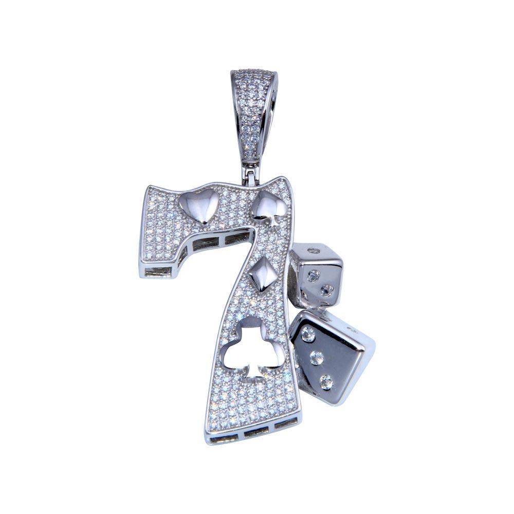 Rhodium Plated 925 Sterling Silver CZ Lucky 7 Hip Hop Good Luck Dice Pendant