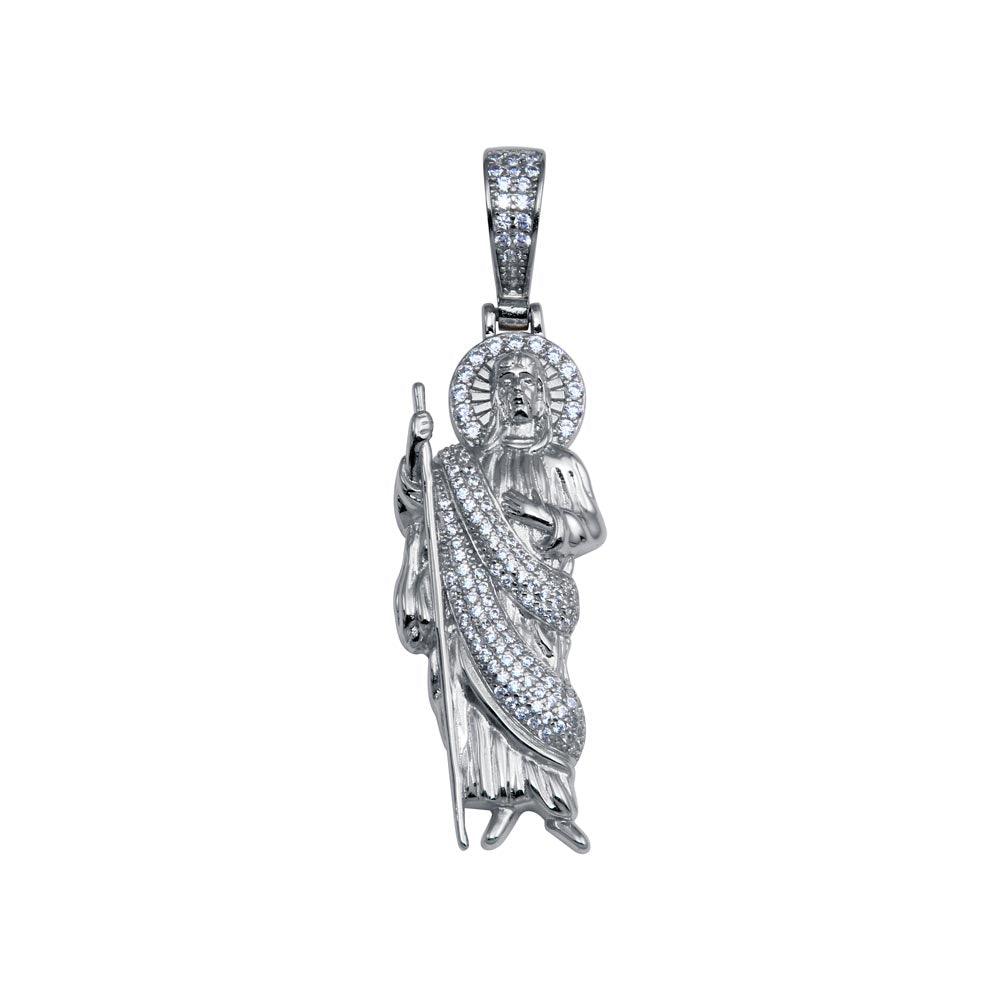 Rhodium Plated 925 Sterling Silver CZ Saint Catholic St Jude Hip Hop Pendant
