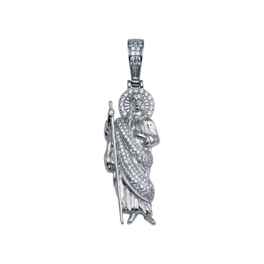 Rhodium Plated 925 Sterling Silver CZ Saint Catholic St Jude Hip Hop Pendant