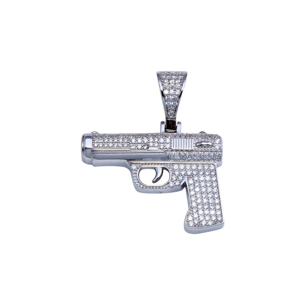 Rhodium Plated 925 Sterling Silver CZ Gun Hip Hop Pistol Rifle Gangster Pendant