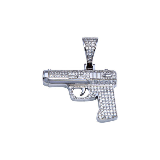 Rhodium Plated 925 Sterling Silver CZ Gun Hip Hop Pistol Rifle Gangster Pendant