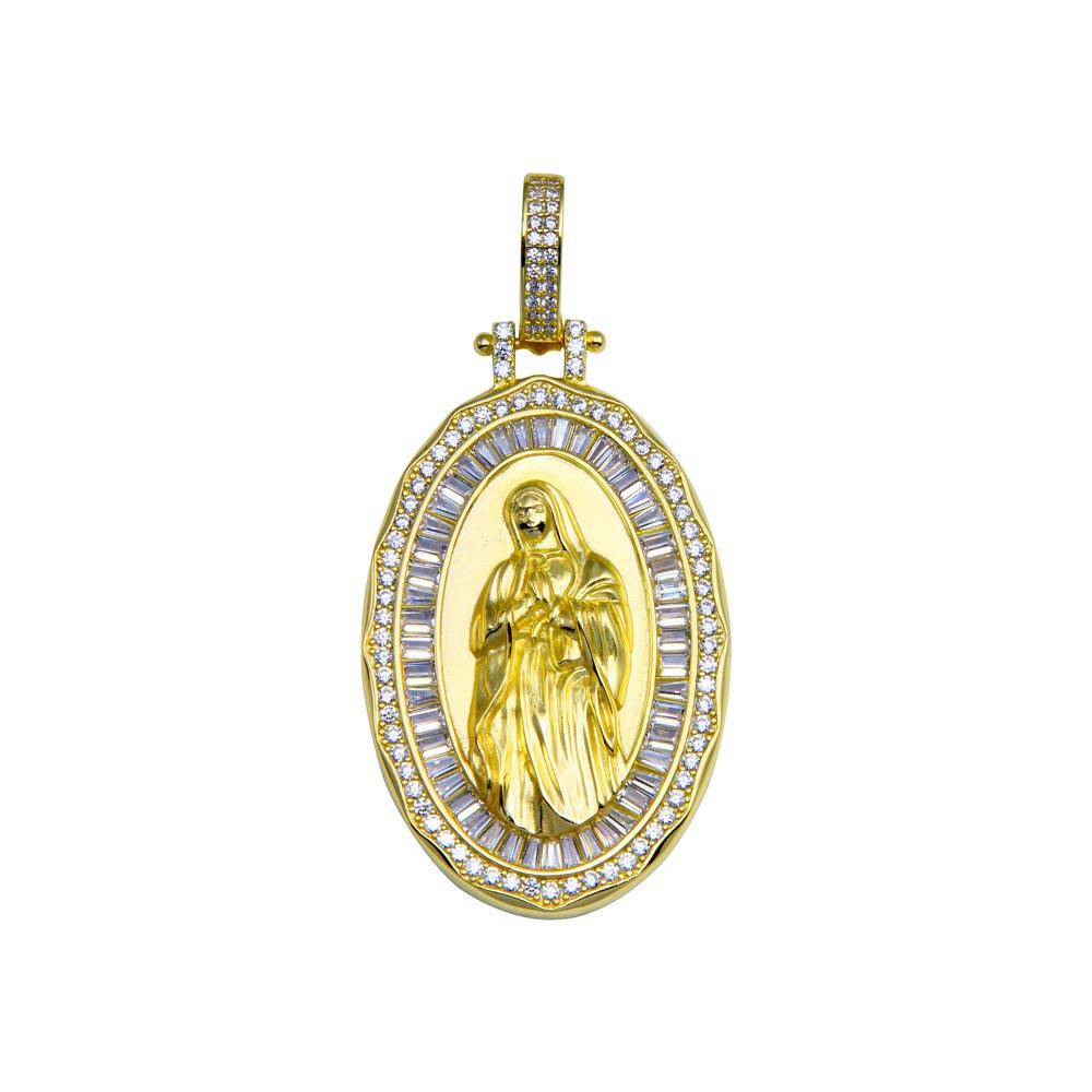 Gold Plated 925 Sterling Silver CZ Mary Hip Hop Catholic Mother Saint Pendant