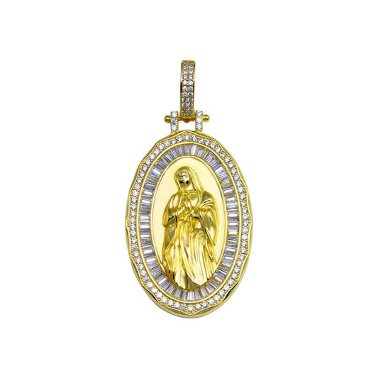 Gold Plated 925 Sterling Silver CZ Mary Hip Hop Catholic Mother Saint Pendant