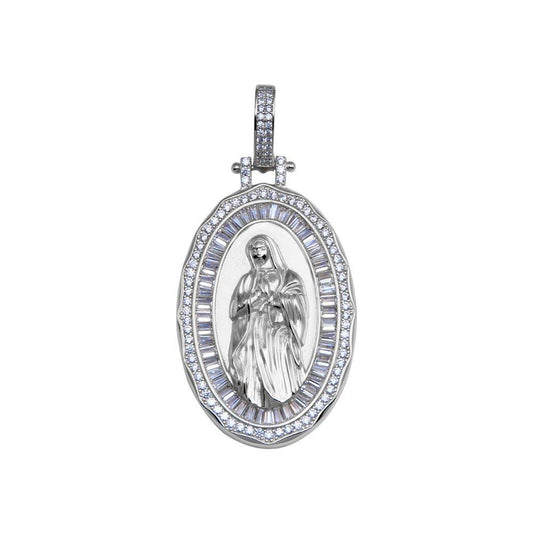 Rhodium Plated 925 Sterling Silver CZ Mary Hip Hop Catholic Mother Jesus Pendant