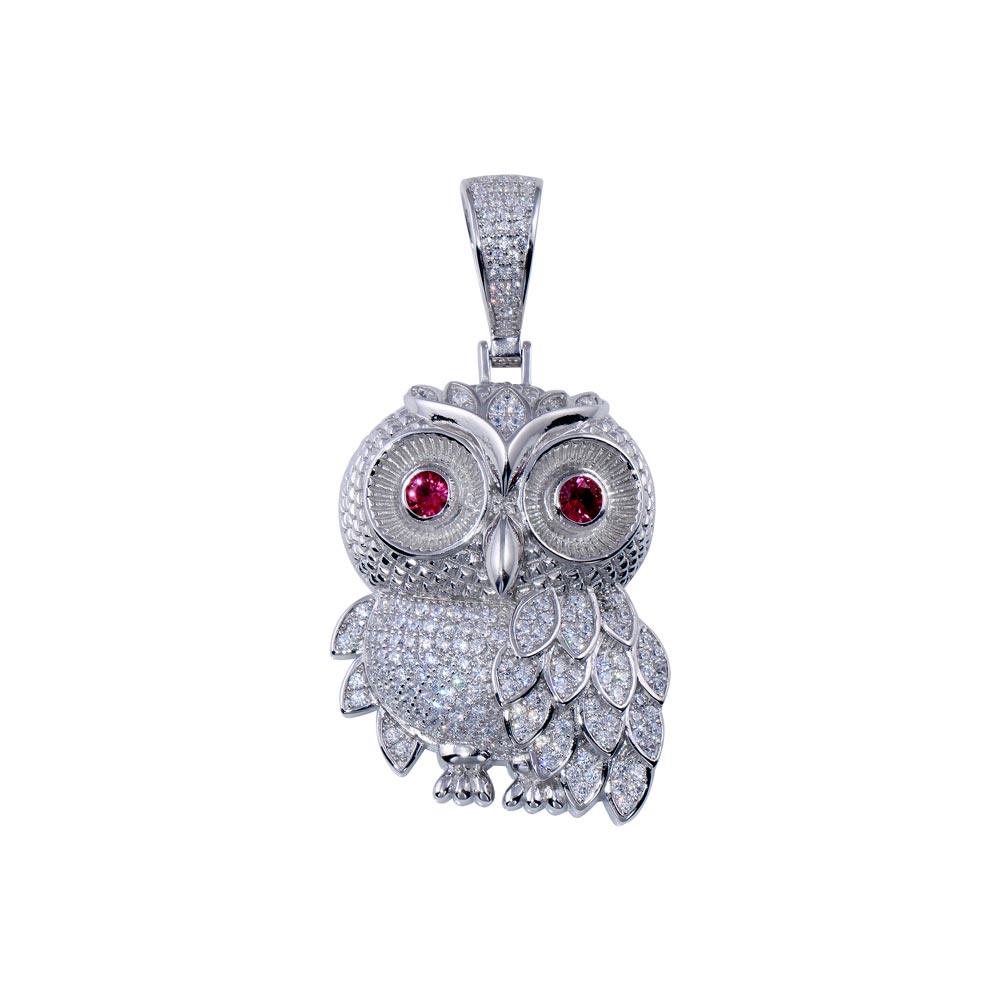 Rhodium Plated 925 Sterling Silver Bird Animal Wisdom Nature Owl Hip Hop Pendant