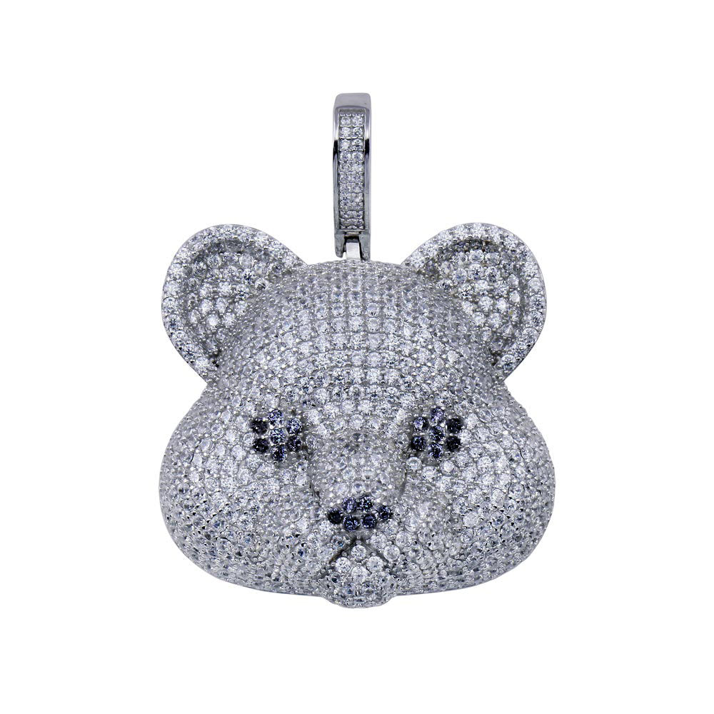 Rhodium Plated 925 Sterling Silver CZ Bear Animal Face Cute Hip Hop Pendant