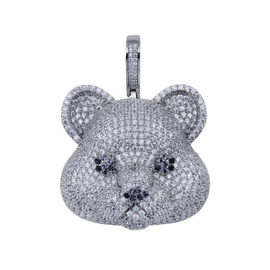 Rhodium Plated 925 Sterling Silver CZ Bear Animal Face Cute Hip Hop Pendant