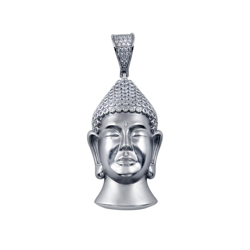 Rhodium Plated 925 Sterling Silver Clear CZ Buddha Head Hip Hop Pendant