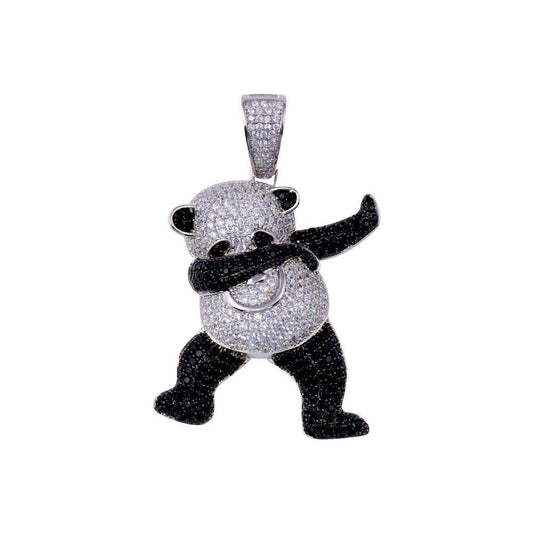 Rhodium Plated 925 Sterling Silver CZ Animal Cute Panda Dabbing Dance Pendant