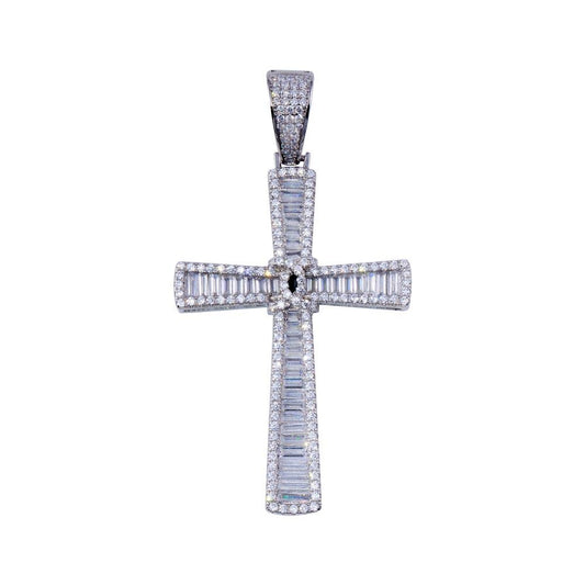 Rhodium Plated 925 Sterling Silver CZ Christian Love Knot Cross Hip Hop Pendant